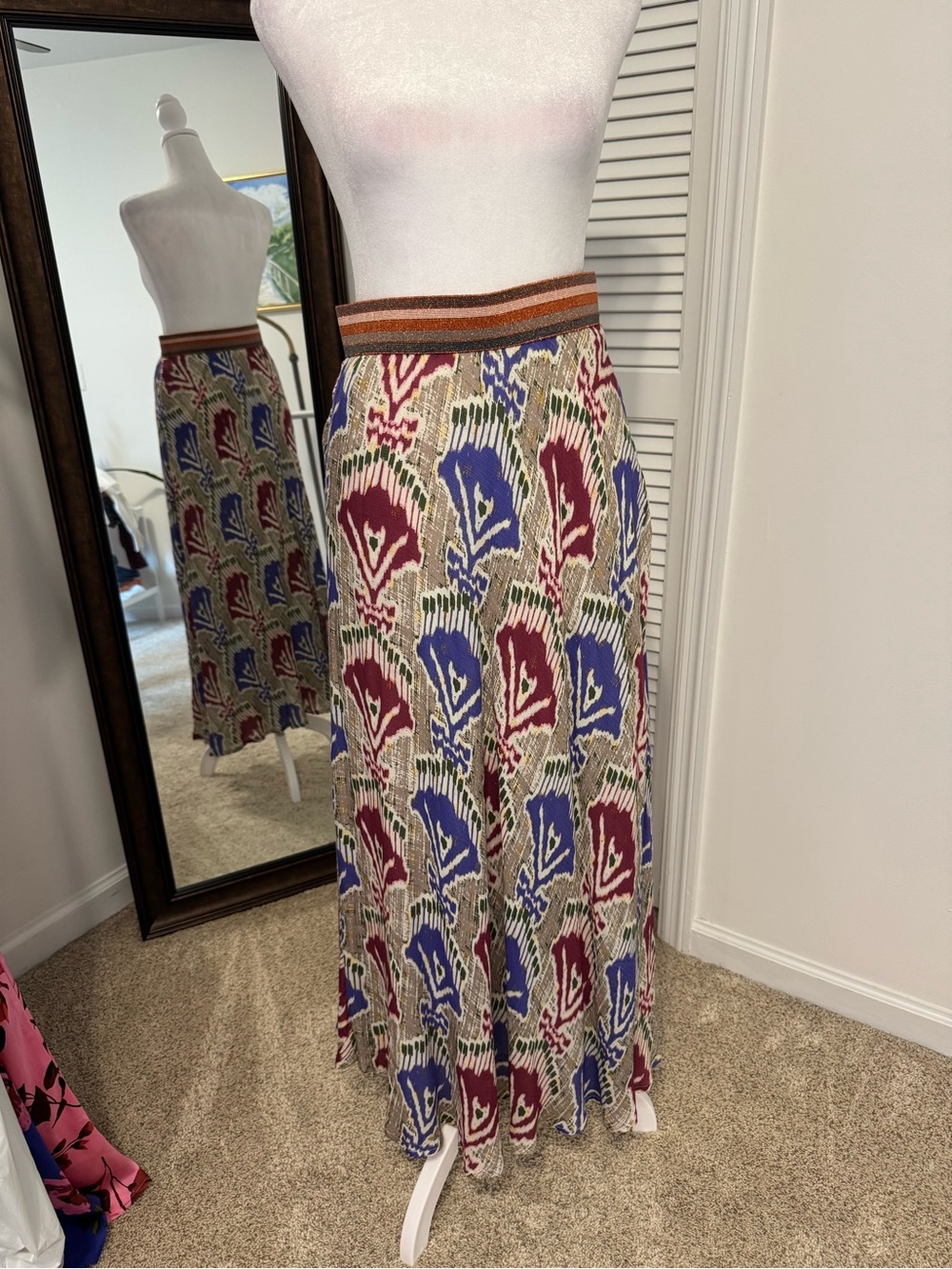 Oliphant Maxi Skirt with Burgundy, Blue & Olive Ikat Print